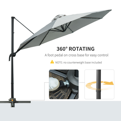3m Cantilever Roma Parasol Patio Sun Umbrella with LED Solar Light, Grey