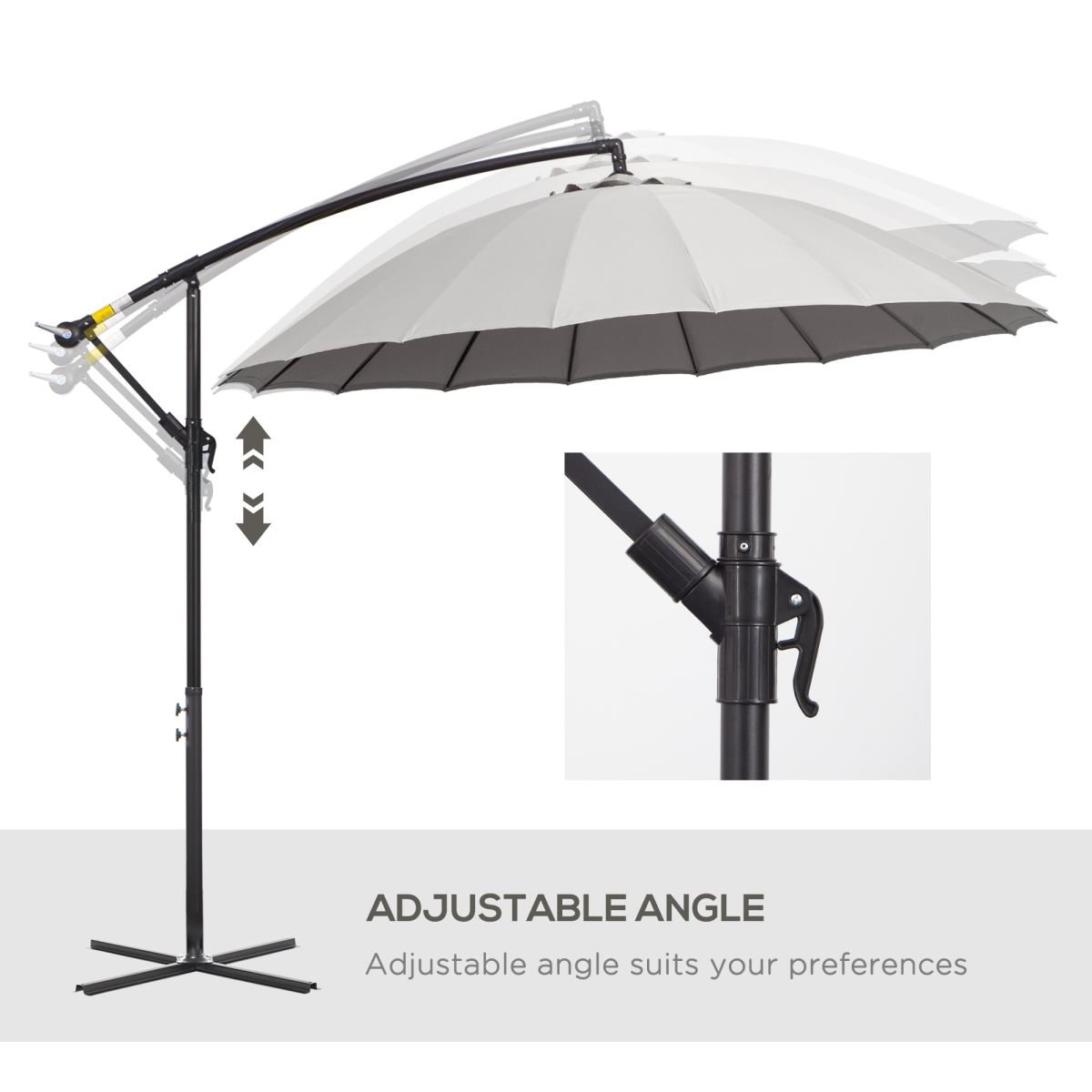 3(m) Cantilever Shanghai Parasol w/ Crank Handle, Cross Base, Grey Outsunny