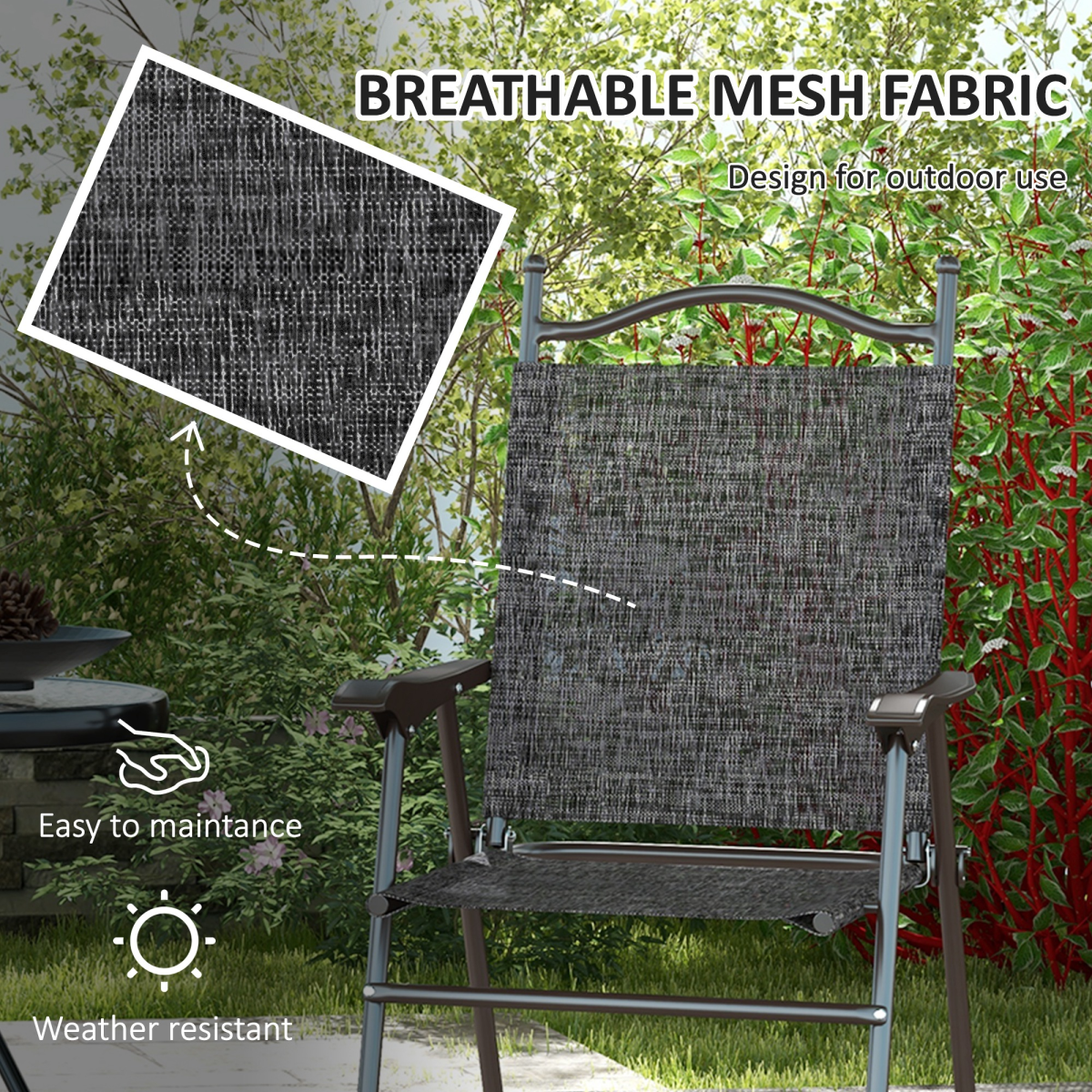 Folding Chairs Set with Armrest, Breathable Mesh Fabric Seat, Grey