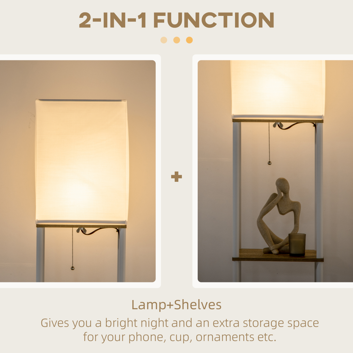 Modern Floor Lamp with Shelves and Fabric Lampshade for Living Room