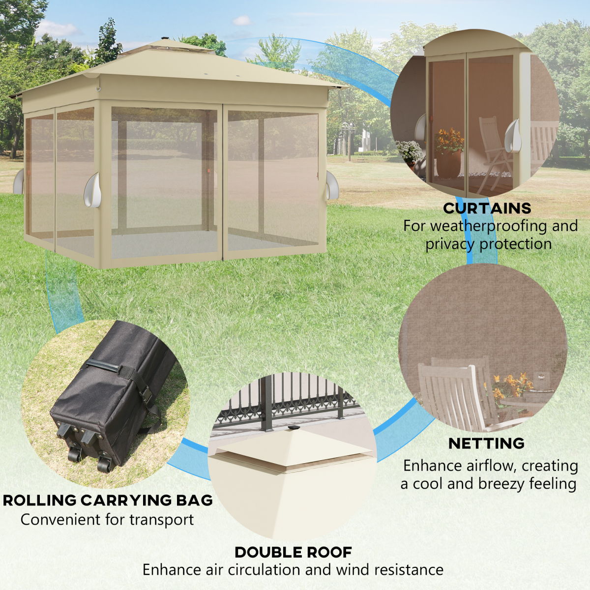 3x3(m) Pop Up Gazebo w/ Solar-Powered LED Lights Curtain Netting Khaki