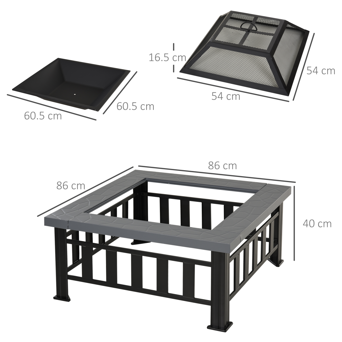 Fire Pit, Square Shape, W/Waterproof Cover-Black/Grey