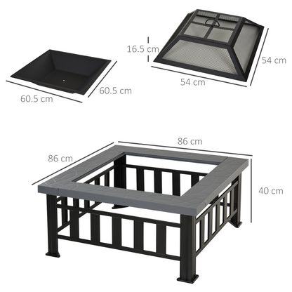 Fire Pit, Square Shape, W/Waterproof Cover-Black/Grey