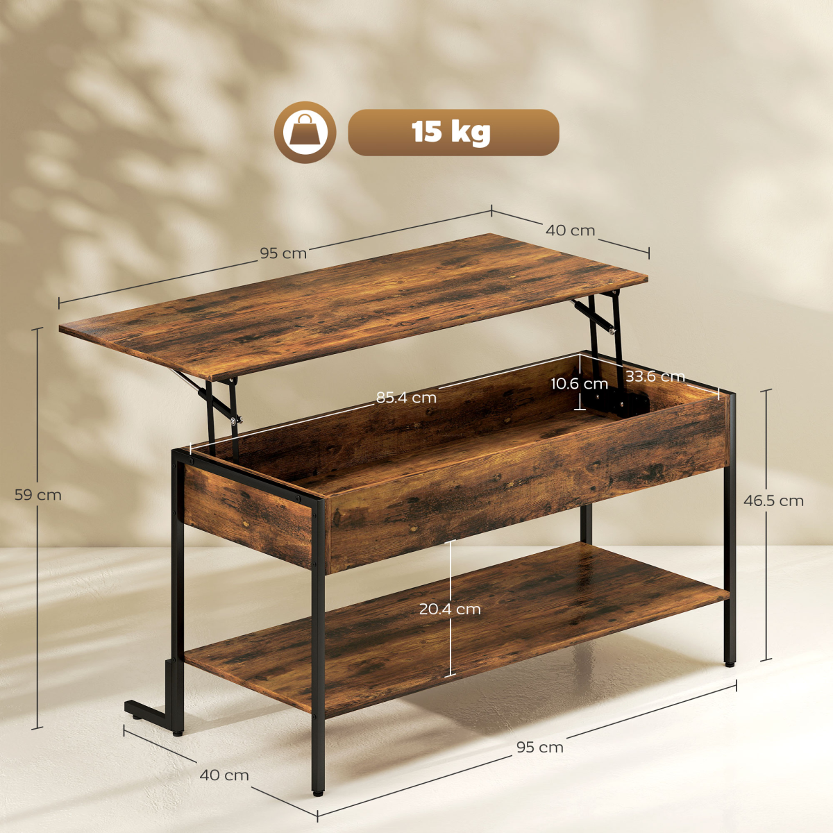 Industrial Lift Top Coffee Table with Storage Shelf Rustic Brown