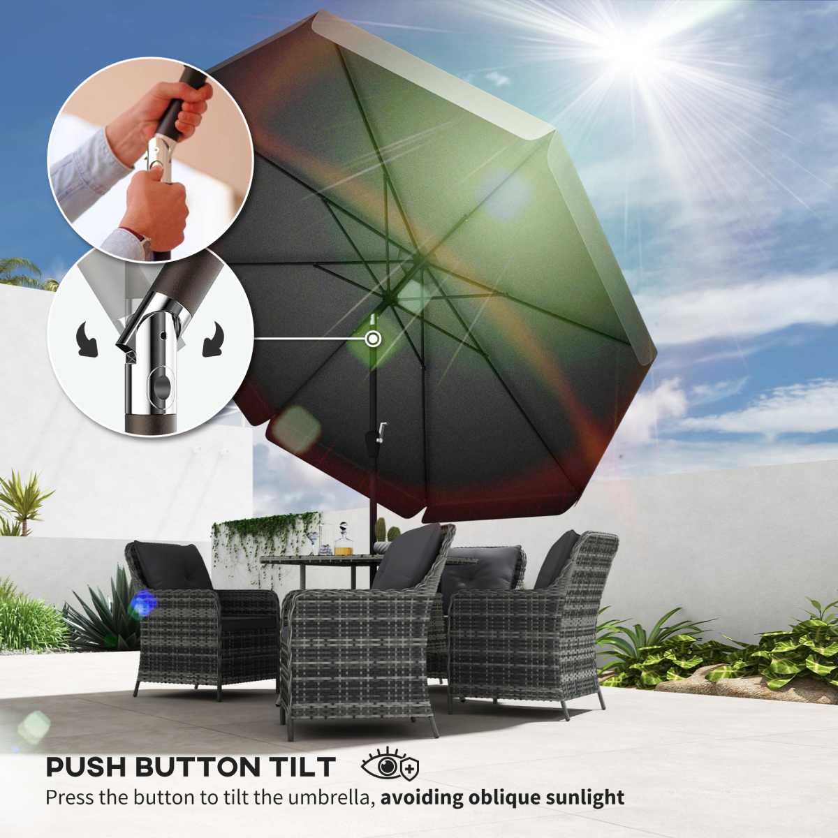 2.7m Patio Umbrella Garden Parasol with Crank, Ruffles, 8 Ribs, Black