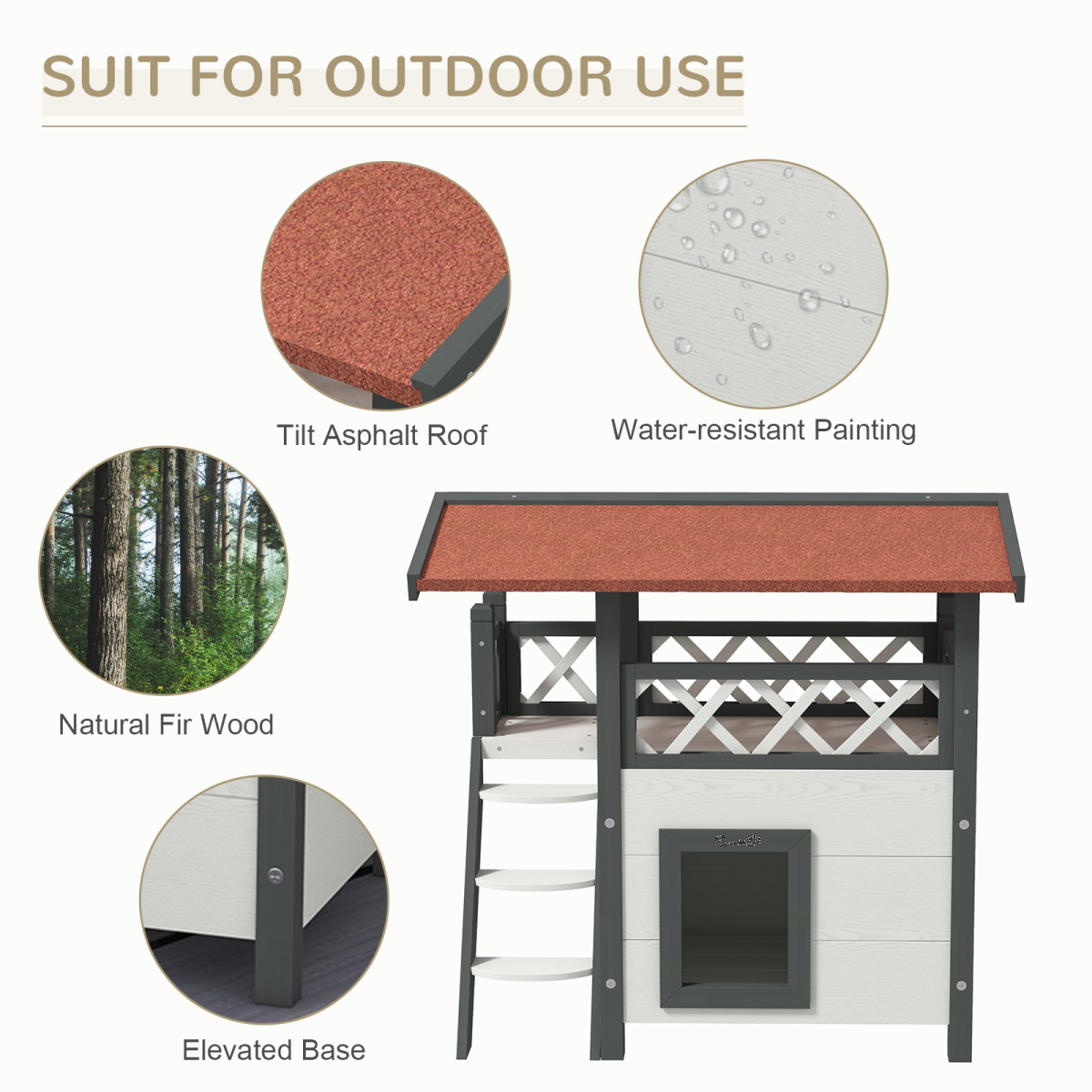 Outdoor Cat House with Balcony Stairs Roof, White