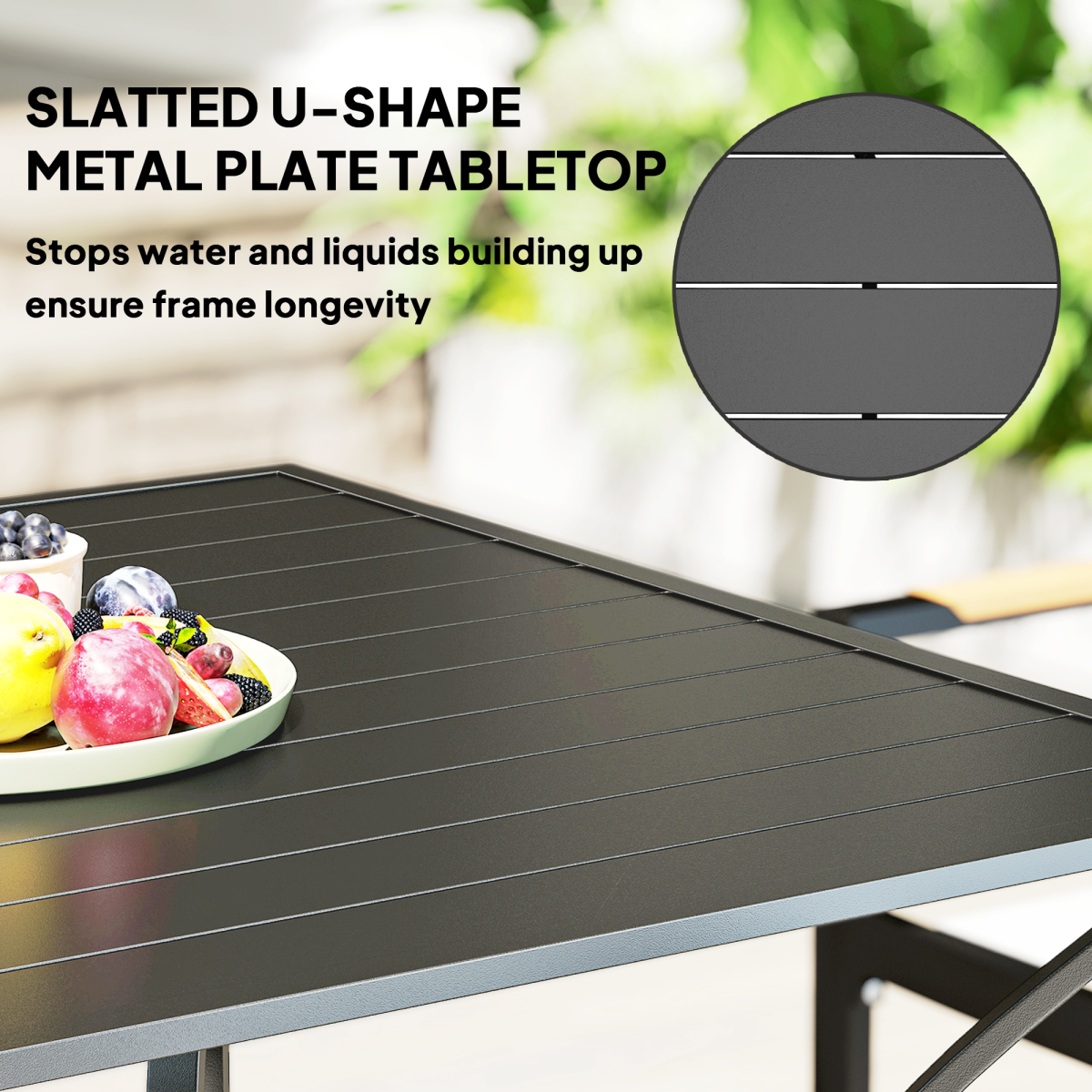 Garden Table with Parasol Hole for Four, Slatted Metal Plate Top