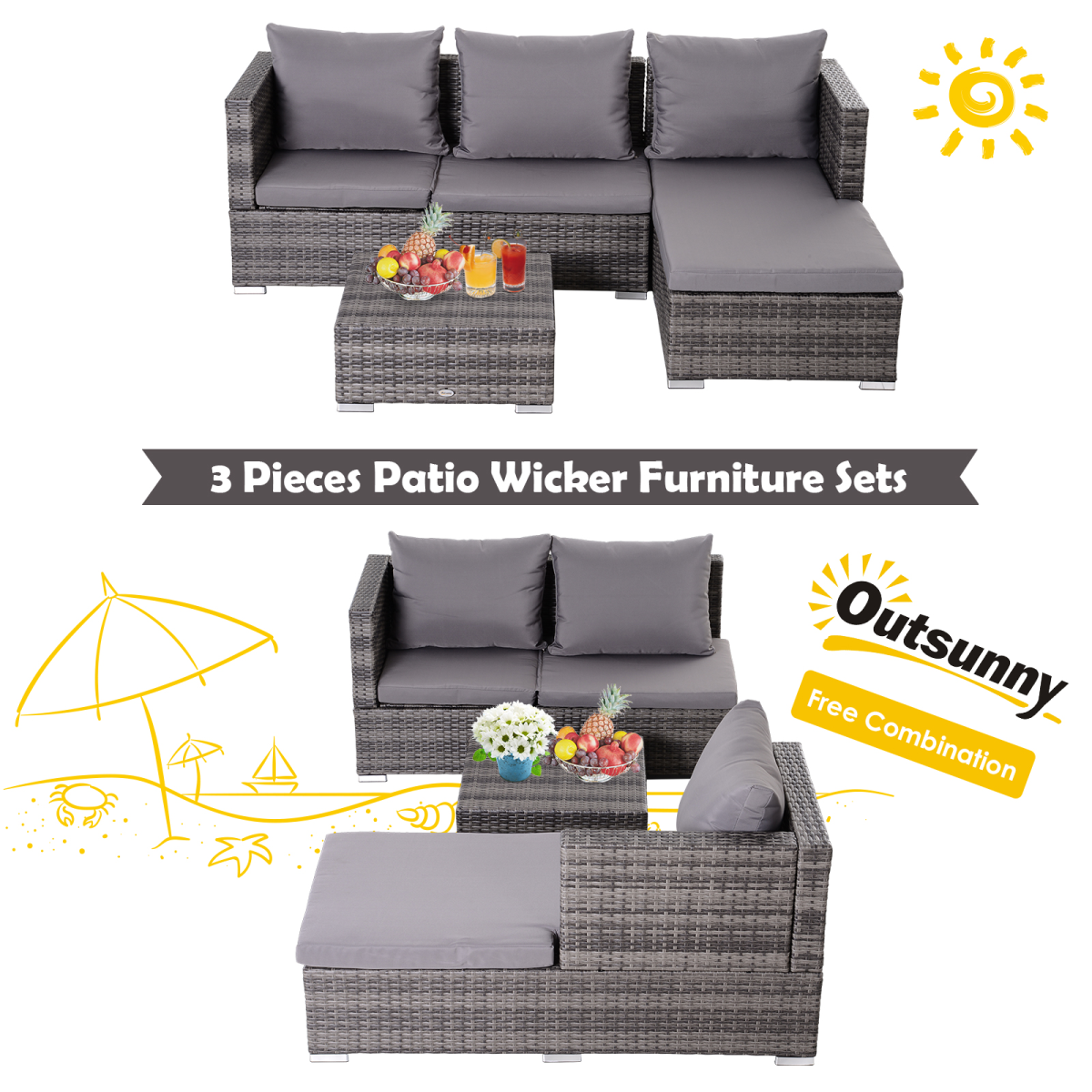 Rattan Garden Sofa Set Storage Table Wicker Patio Lounger 4-Seater Grey