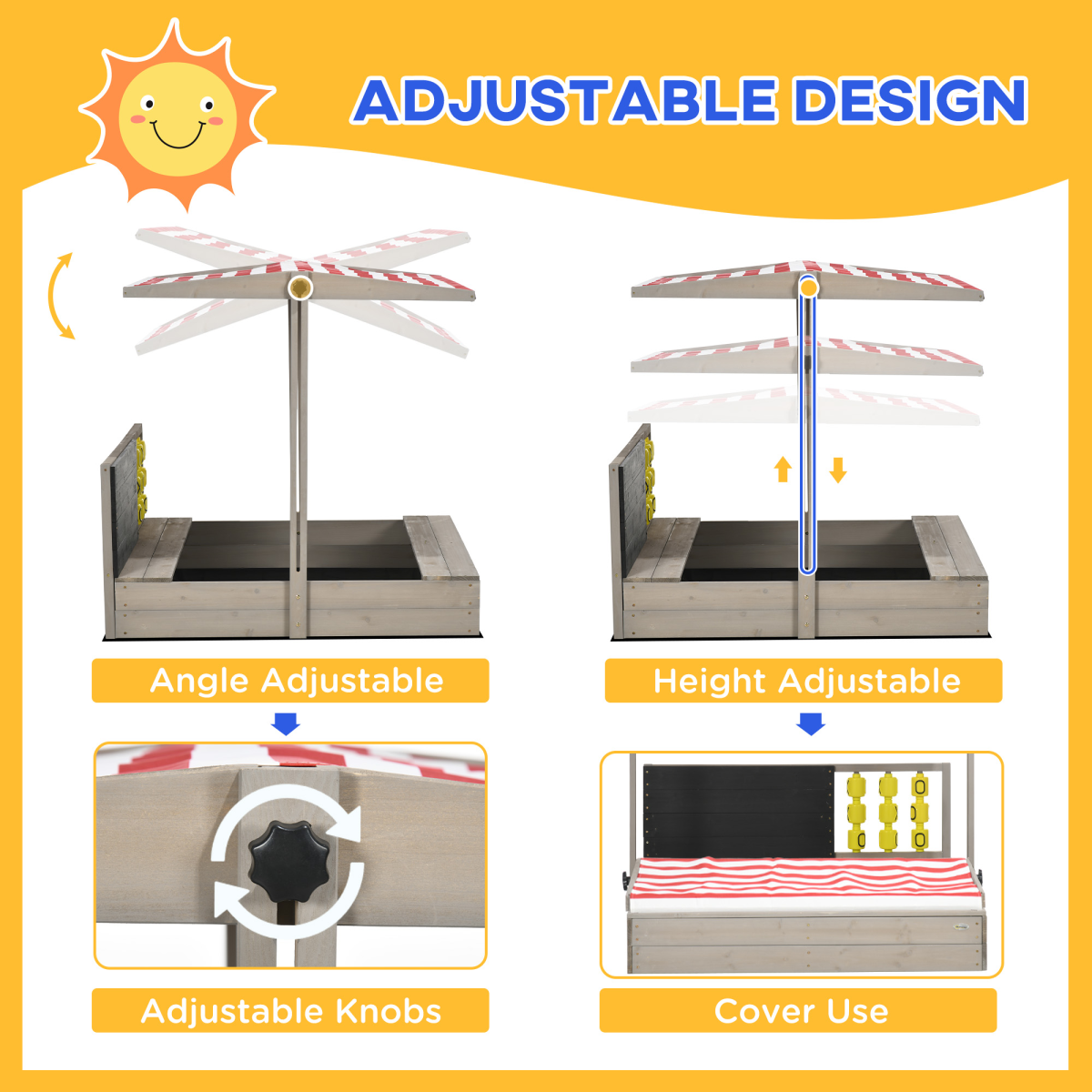 Kids Wooden Sandpit, Sandbox w/ Canopy, Seats, for Gardens - Grey