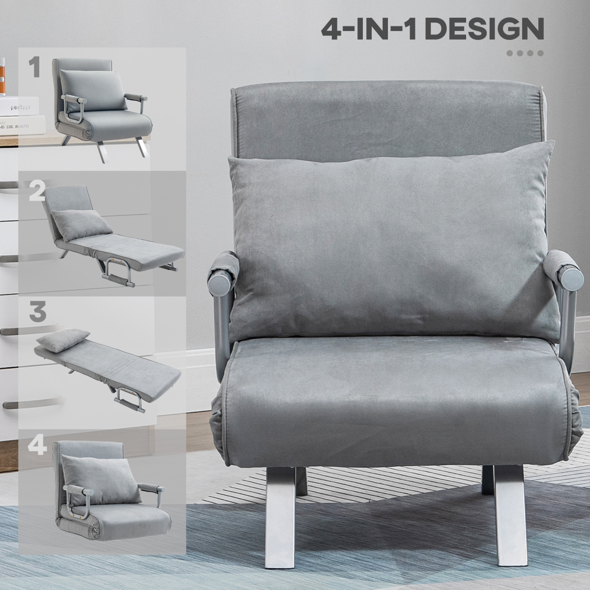 Sofa Bed Foldable Portable Armchair Sleeper Lounge  Pillow Light Grey
