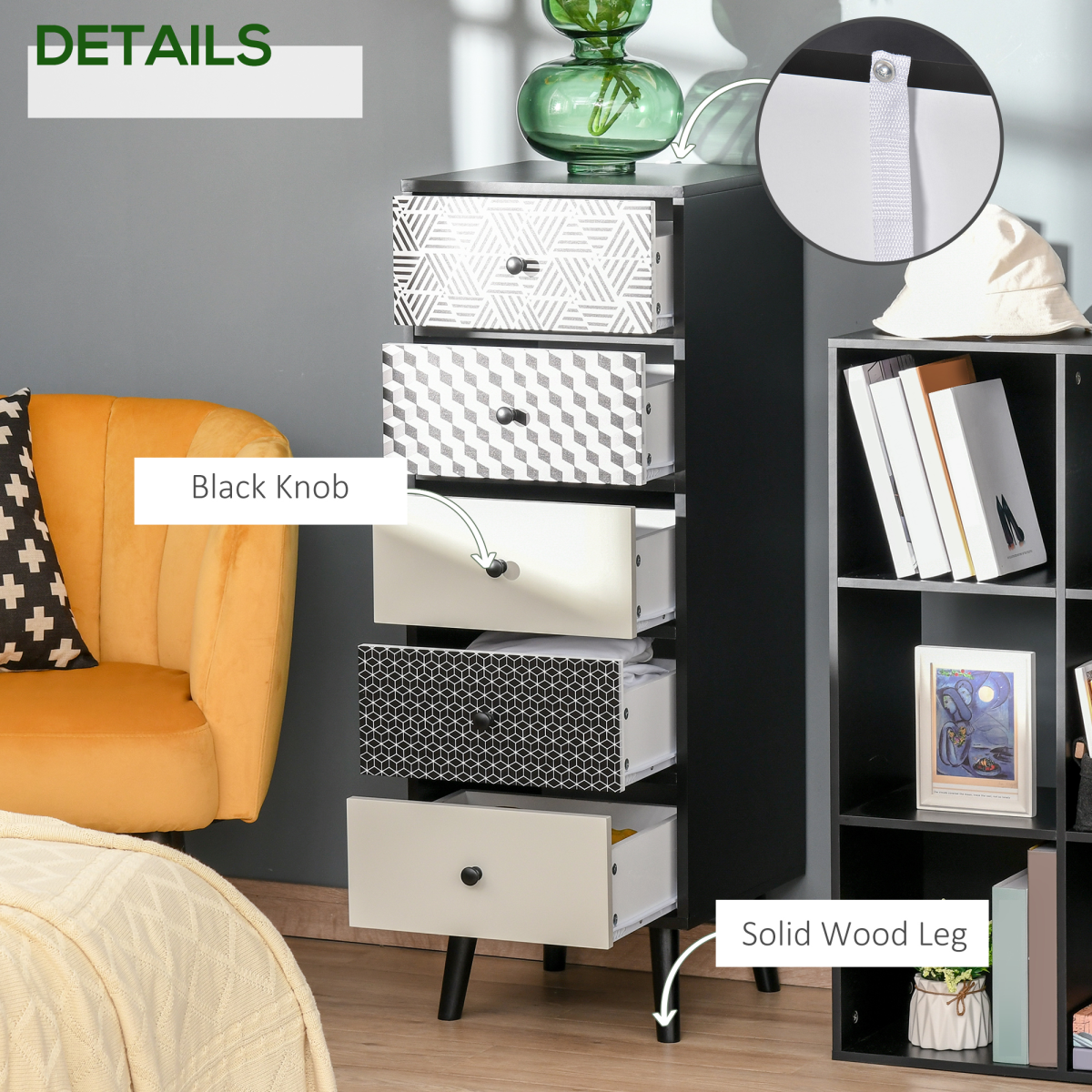 Chest of Drawers, 5 Drawer Dresser, Wooden Storage Cabinet Bedroom, Living Room