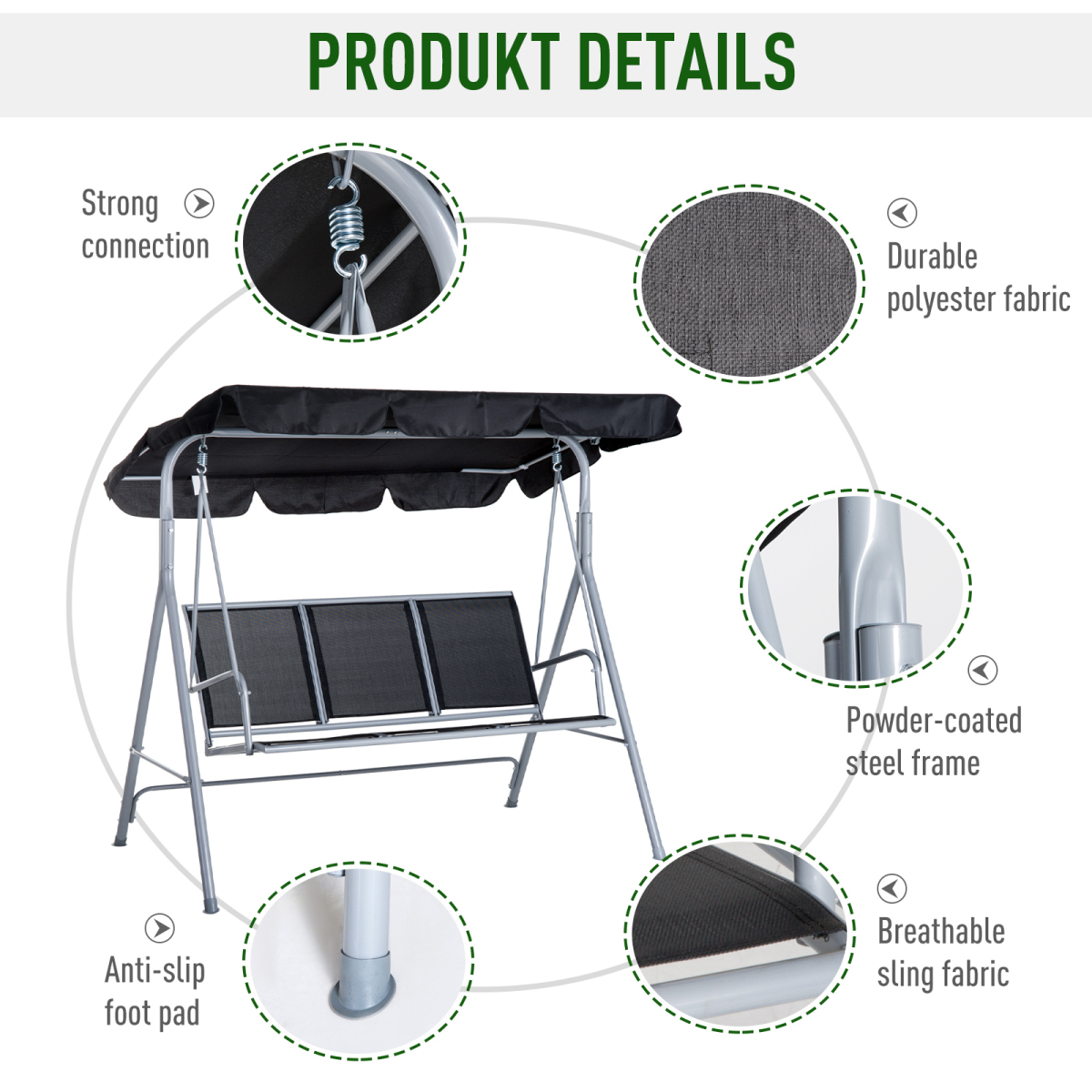 Outdoor 3-Seater Swing Chair-Black