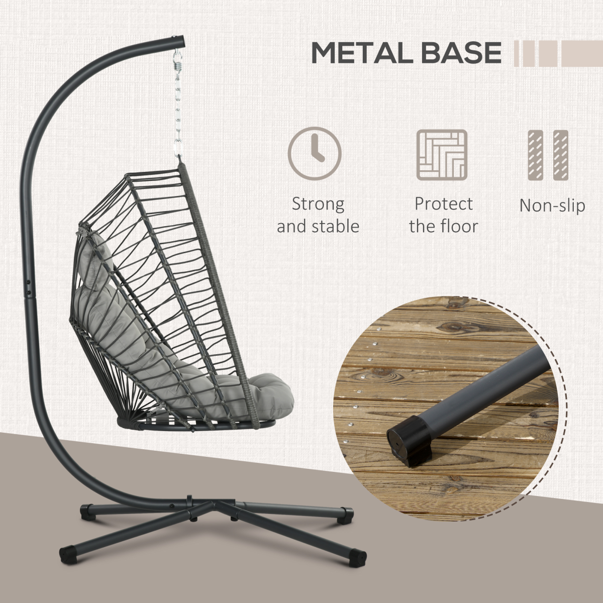 PE Hanging Swing Chair w/ Thick Cushion, Patio Hanging Chair, Grey