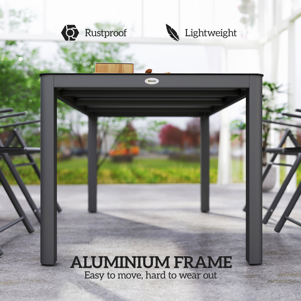 Outdoor Dining Table for 6 with Glass Top, Aluminium Frame, Grey