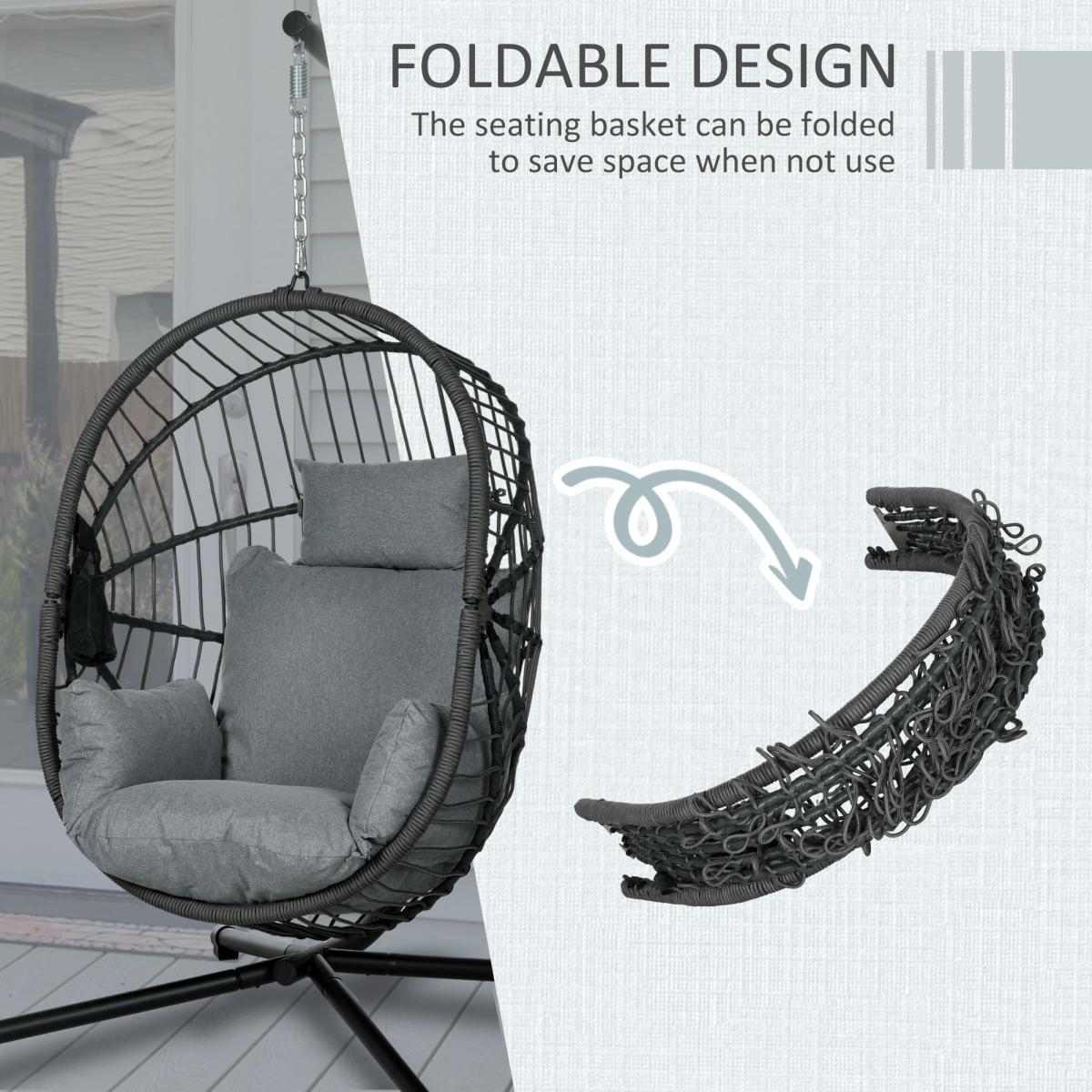 Hanging Swing Chair w/ Thick Cushion, Patio Hanging Chair, Grey