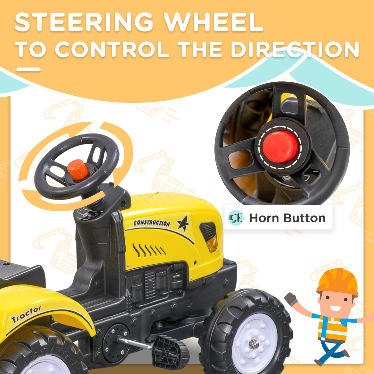 Pedal Go Kart Ride on Tractor with Shovel & Rake Four Wheels Child Toy