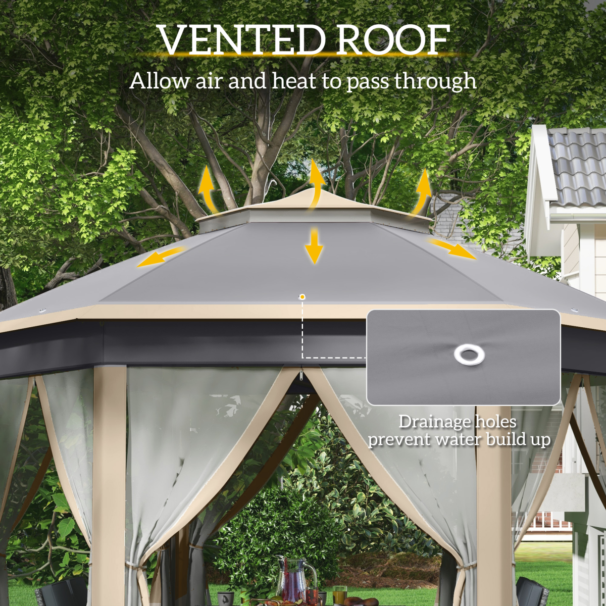 3x4m Hexagon Gazebo w/ Metal Frame Mesh Curtains Outdoor Garden, Khaki
