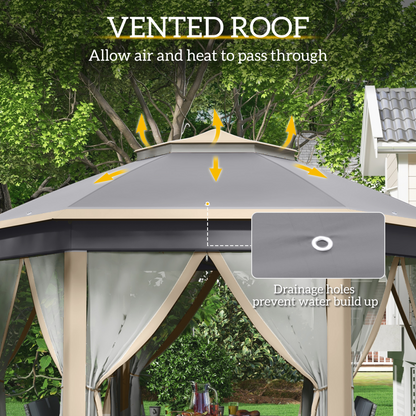 3x4m Hexagon Gazebo w/ Metal Frame Mesh Curtains Outdoor Garden, Khaki