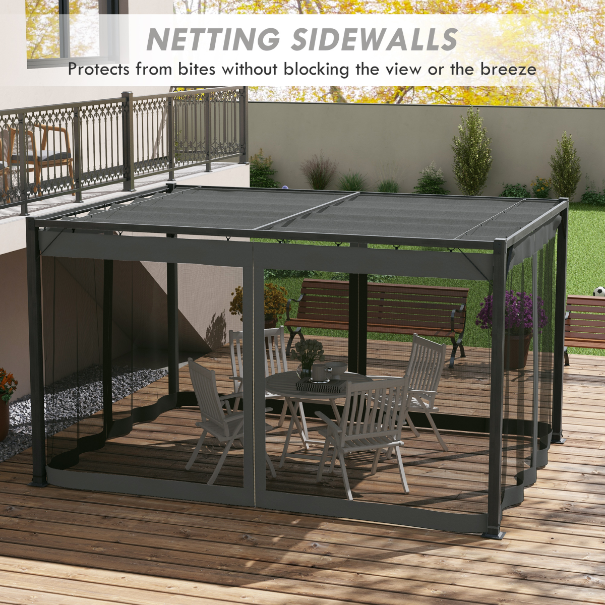 3 x 4m Pergola with Retractable Roof and Netting, Dark Grey