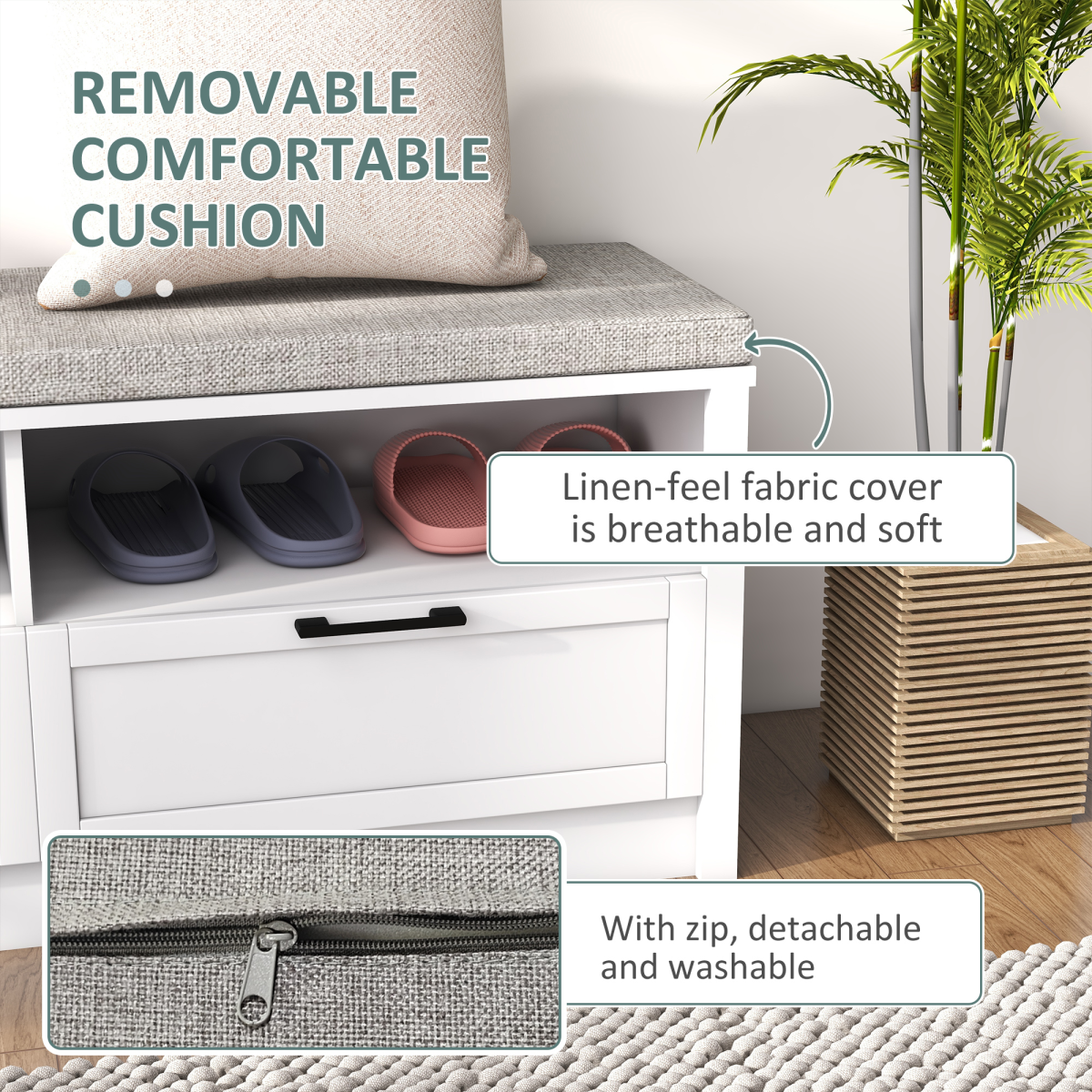 Shoe Bench with Removable Cushion, Open Compartments and Drawers