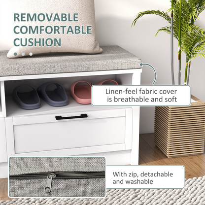 Shoe Bench with Removable Cushion, Open Compartments and Drawers