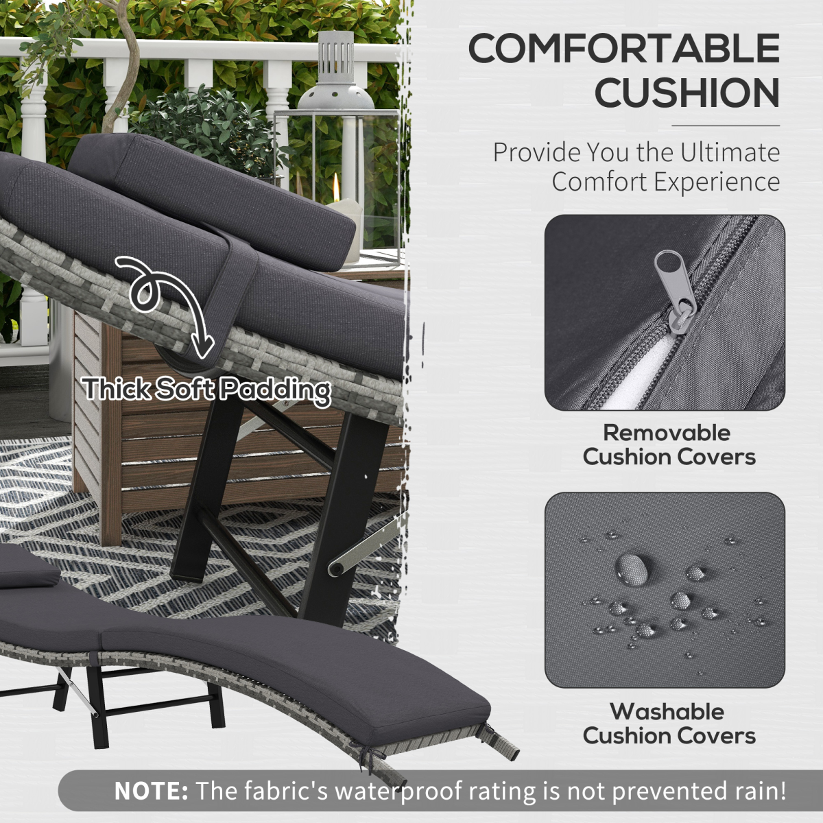 Folding Rattan Sun Lounger Outdoor Chair with Cushion and Pillow, Grey