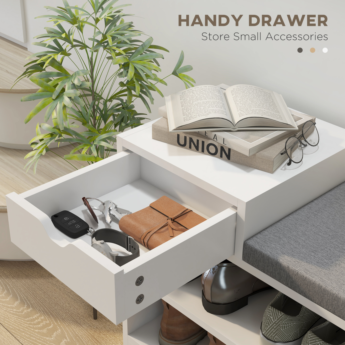 Upholstered Entryway Shoe Bench with Storage Drawer Open Shelf White