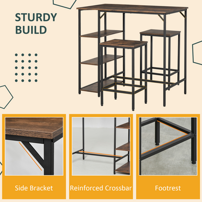 Industrial Bar Height Dining Table Set With 2 Stools & Side Shelf