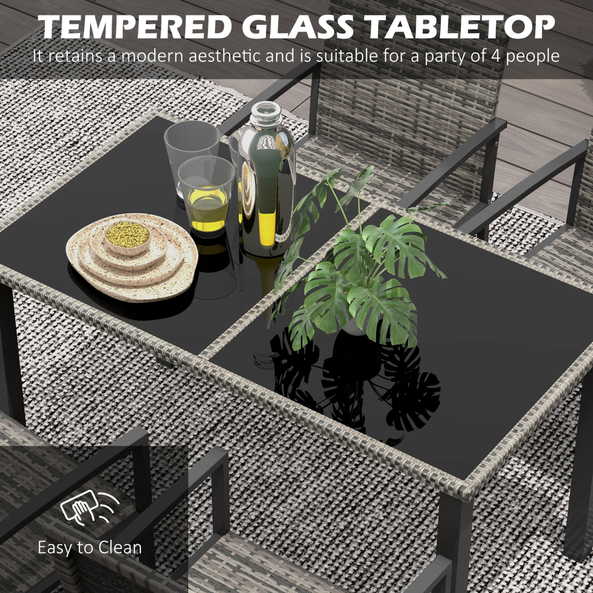 4 Seater Rattan Garden Furniture Set with Glass Tabletop - Mixed Grey