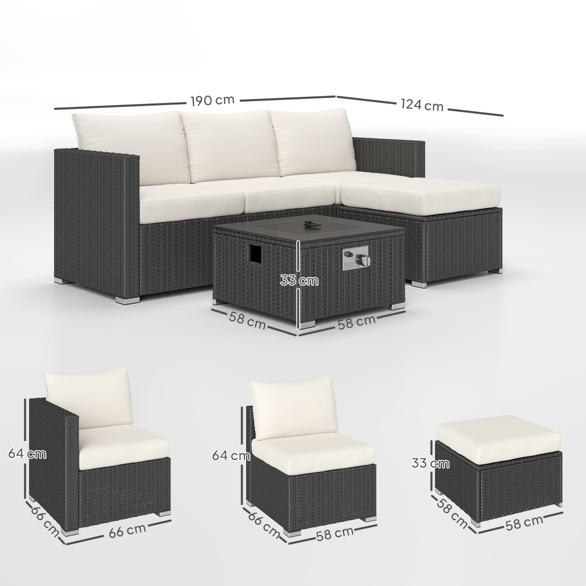 4 Seater Rattan Sofa Set with Footstool Thick Cushions Black Cream