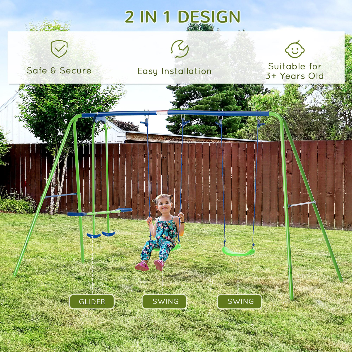 Metal 2 Swings & Seesaw Set Height Adjustable Outdoor Play Set, Green