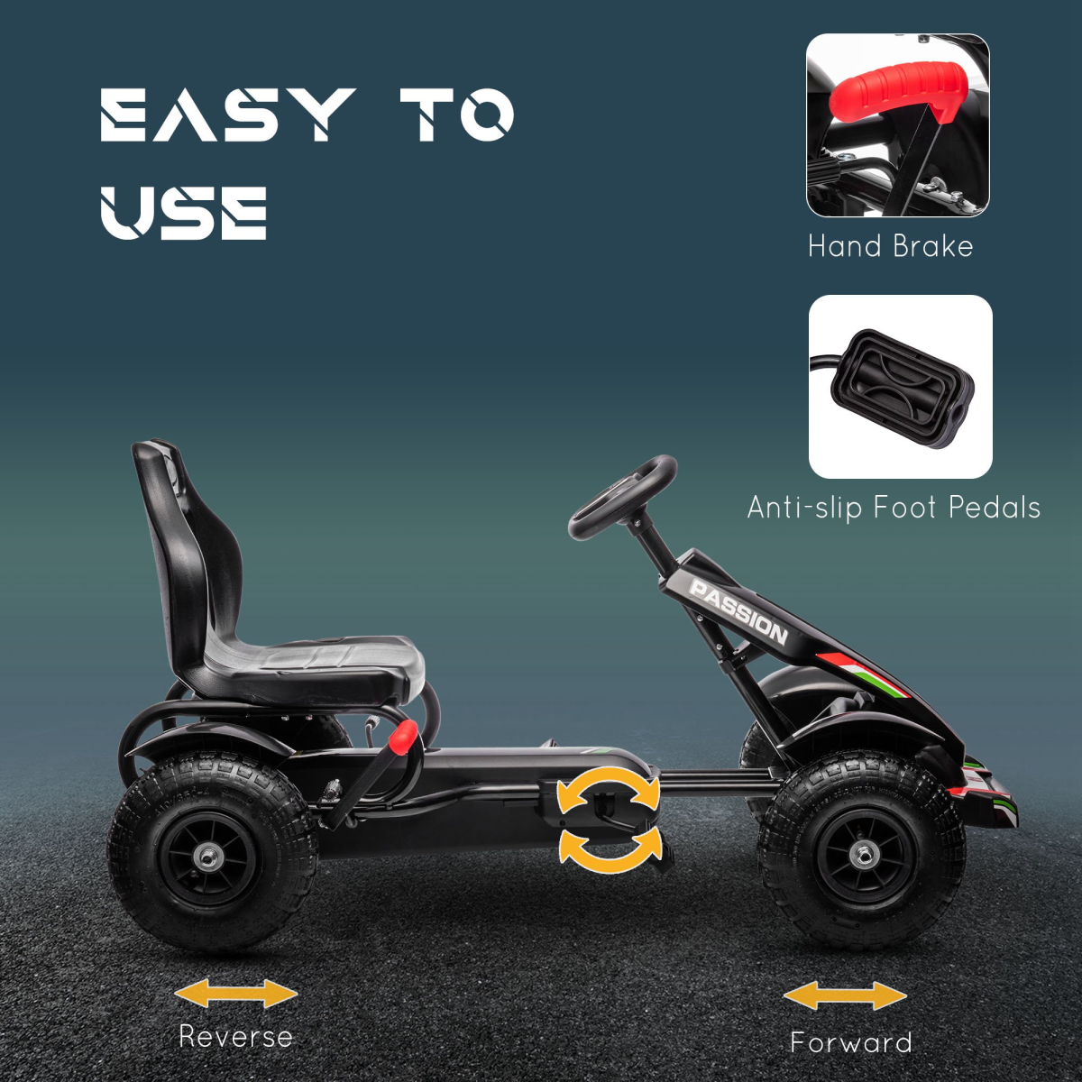 Children Pedal Go Kart w/ Adjustable Seat, Inflatable Tyres - Black