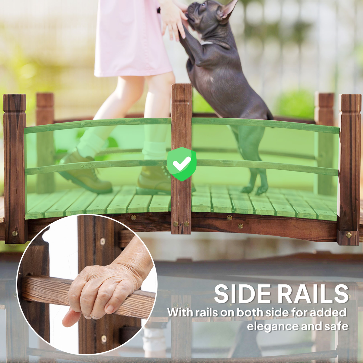 Wooden Garden Bridge Lawn Decor Stained Finish Arc Outdoor Pond Walkway