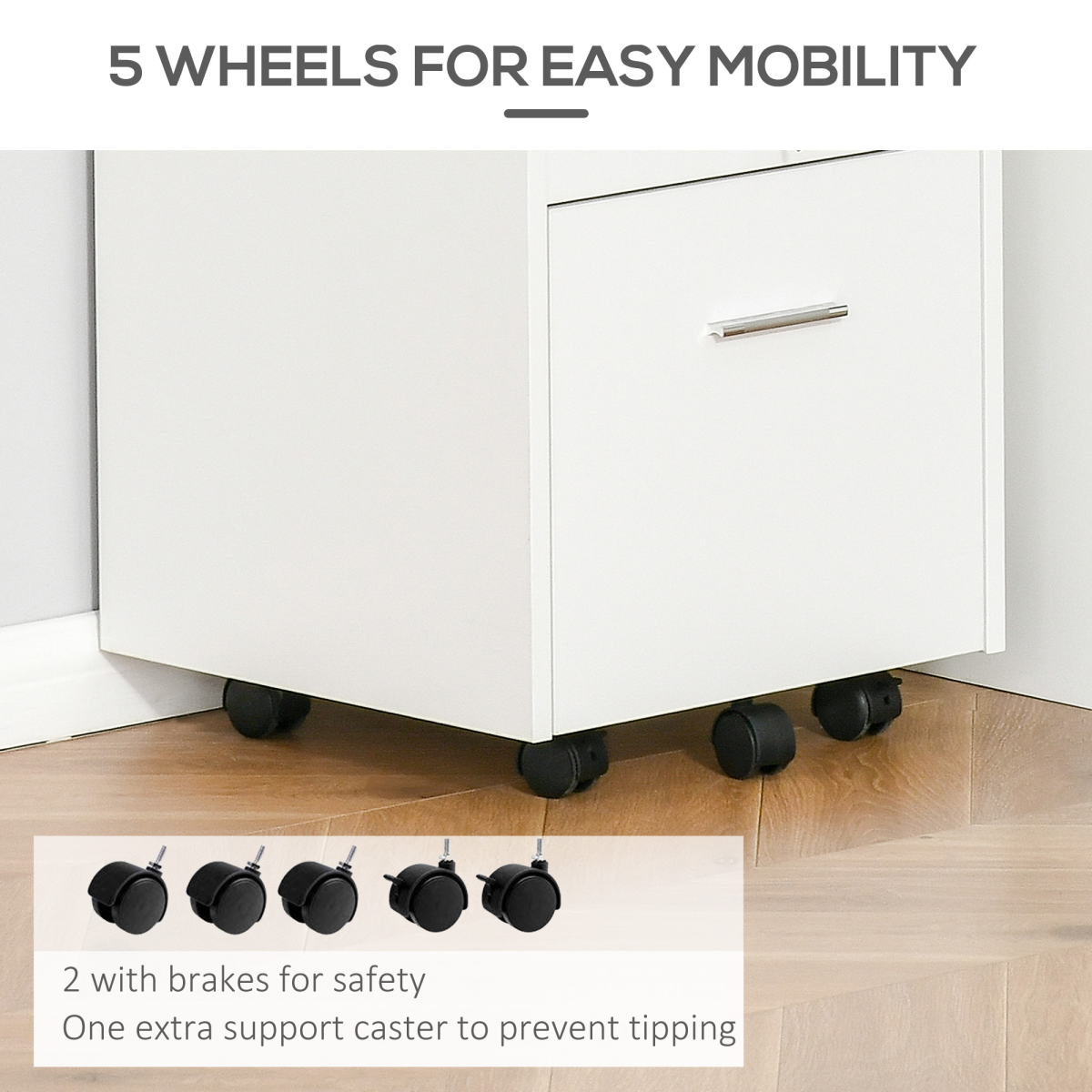 Mobile File Cabinet Lockable Documents Storage w/ 5 Wheels White