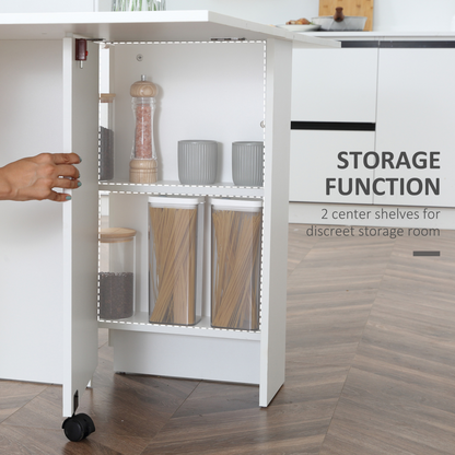 Kitchen Folding Desk Mobile Drop Leaf Dining Table Wheel Storage Shelves White