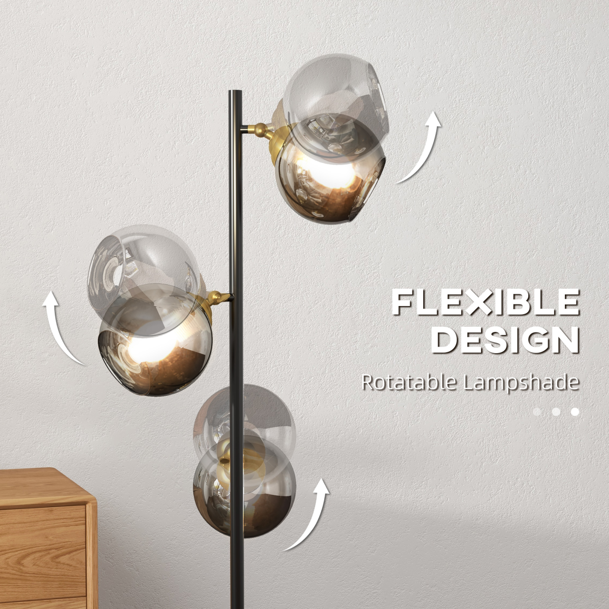 Modern Floor Lamp with Glass Global Shade, 3 Light, for Living Room