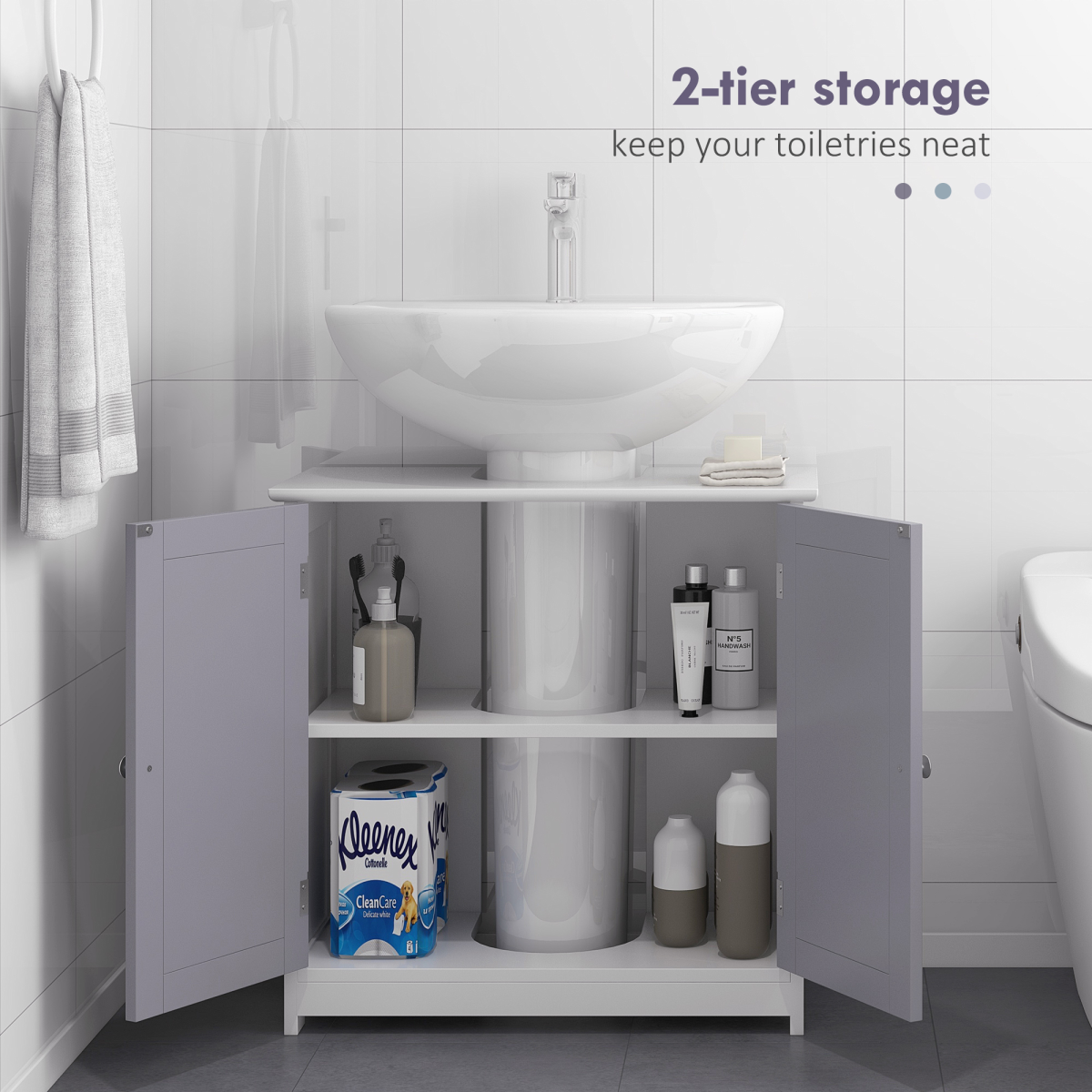 Under-Sink Storage Cabinet w/ Adjustable Shelf Grey White 60x60cm