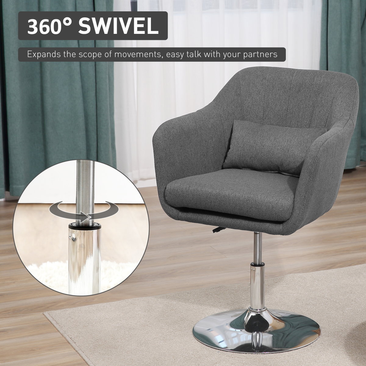 Stylish Retro Linen Swivel Tub Chair Steel Frame Cushion Seat Dark Grey