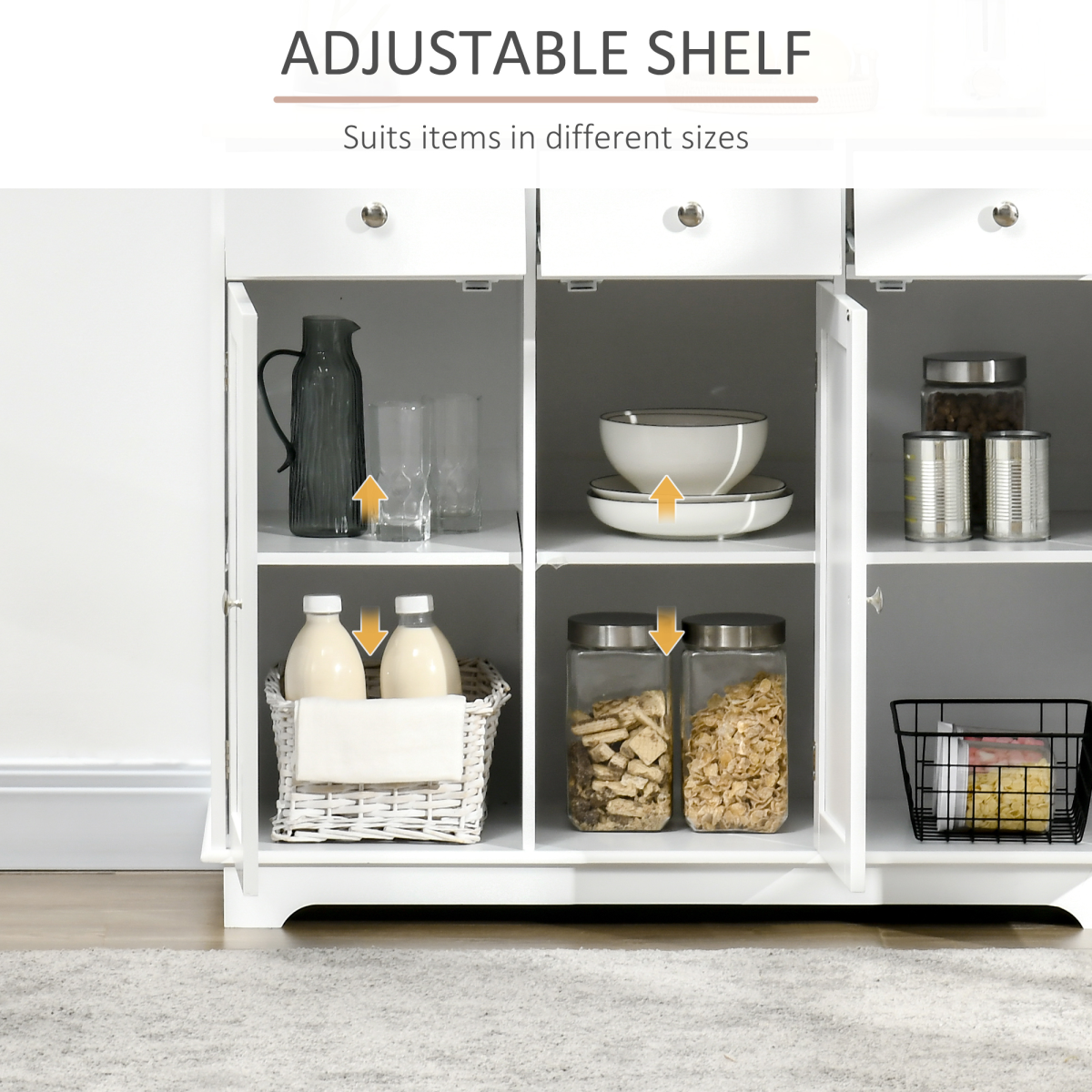 Sideboard with Rubberwood Top, Buffet Drawers and Adjustable Shelves