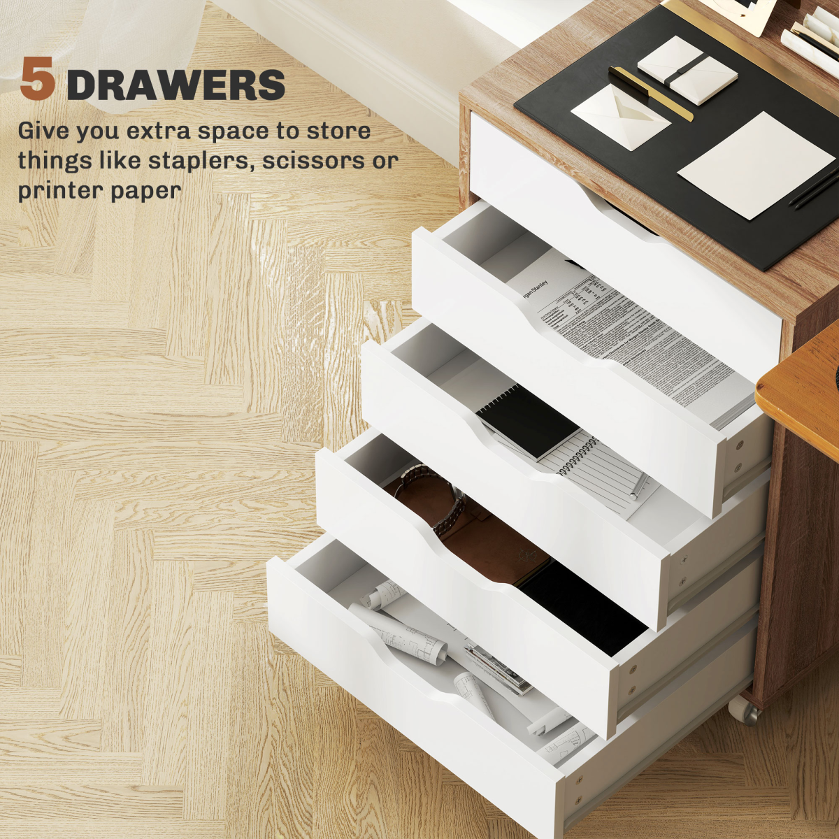 Mobile Filing Cabinet, 5-drawer File Cabinet with Wheels, Oak