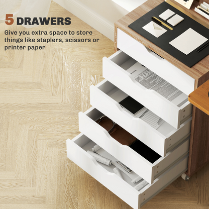 Mobile Filing Cabinet, 5-drawer File Cabinet with Wheels, Oak