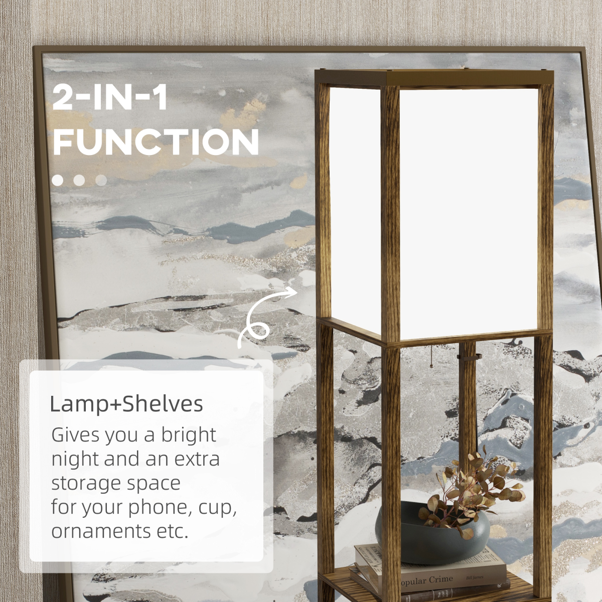 Shelf Floor Lamp with Dual Light, for Living Room, Bedroom, Brown