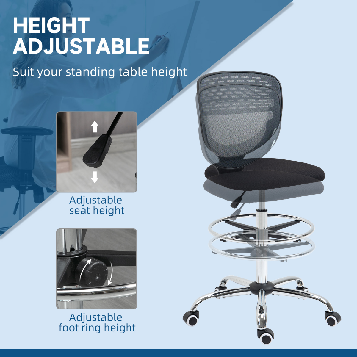 Draughtsman Chair, Tall Office Chair with Lumbar Support, Grey