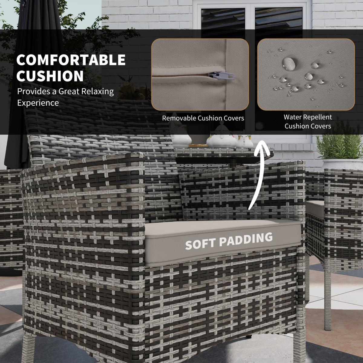 4 Seater Rattan Garden Furniture Set w/ Tempered Glass Tabletop - Grey