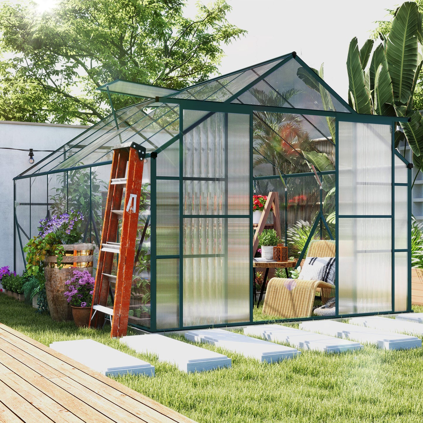 8x12ft Polycarbonate Walk-in Greenhouse Outdoor Double Sliding Door