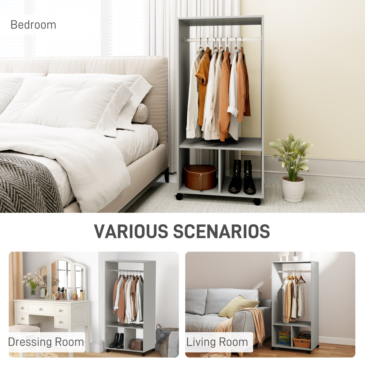 Open Wardrobe Clothes Rail Bedroom Clothes Storage Rod Shelves Grey