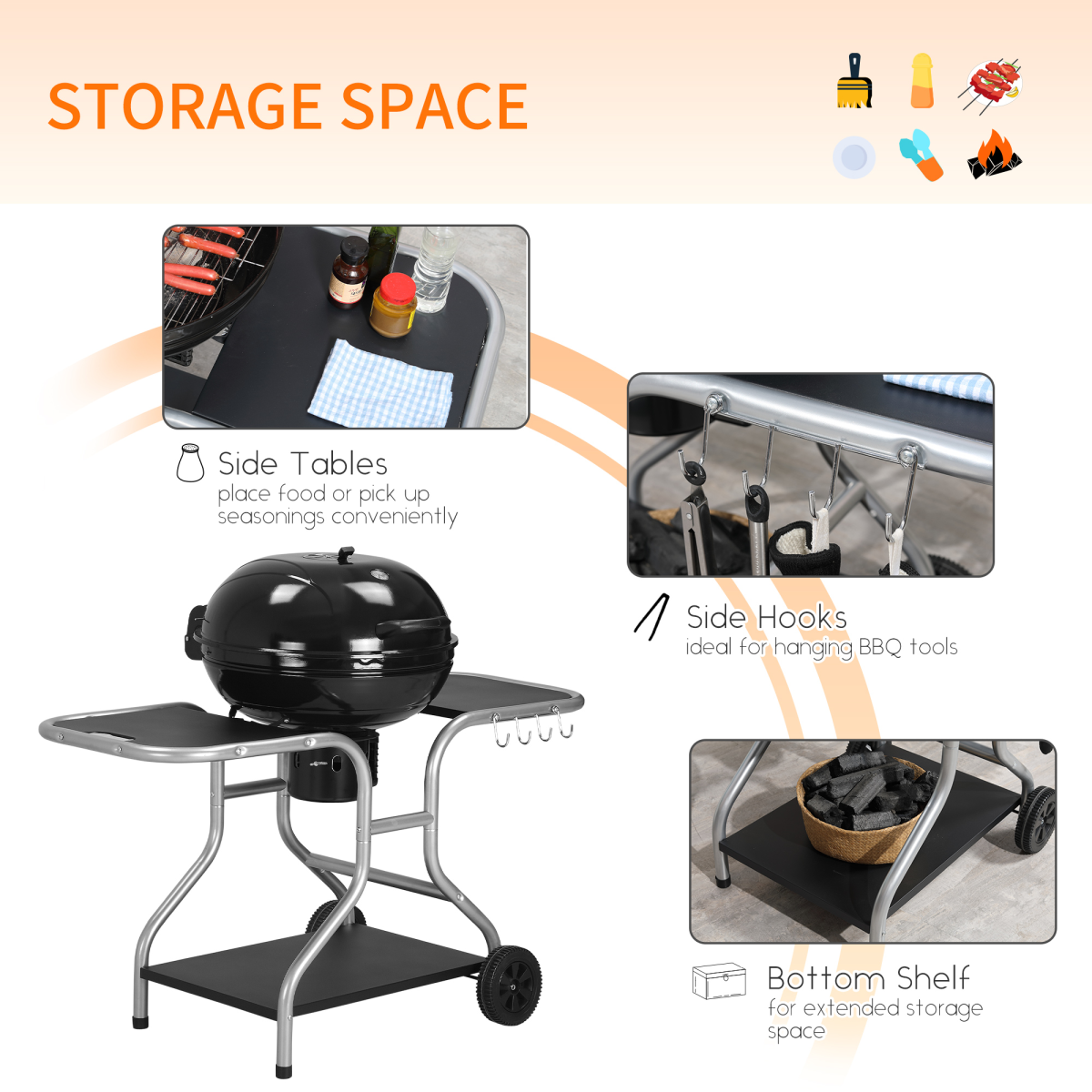 Garden Charcoal Trolley Barbecue Gril lW/Wheels-Black