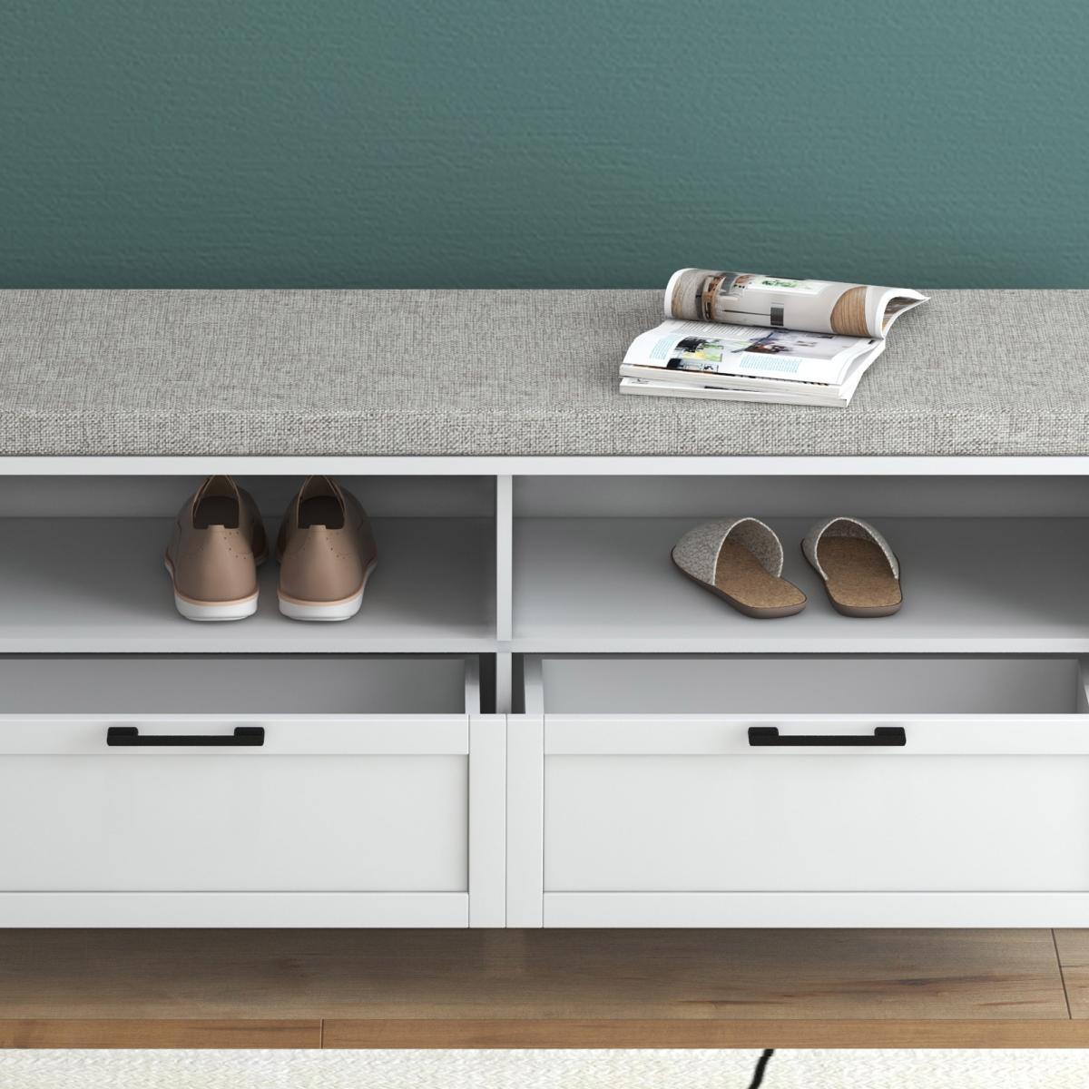 Shoe Bench with Removable Cushion, Open Compartments and Drawers