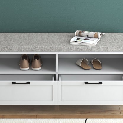 Shoe Bench with Removable Cushion, Open Compartments and Drawers