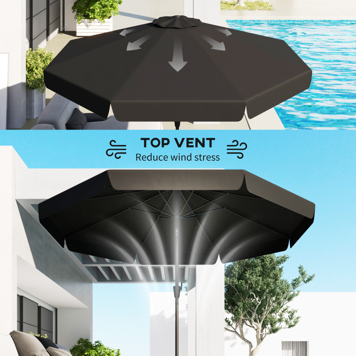 2.7m Patio Umbrella Garden Parasol with Crank, Ruffles, 8 Ribs, Black